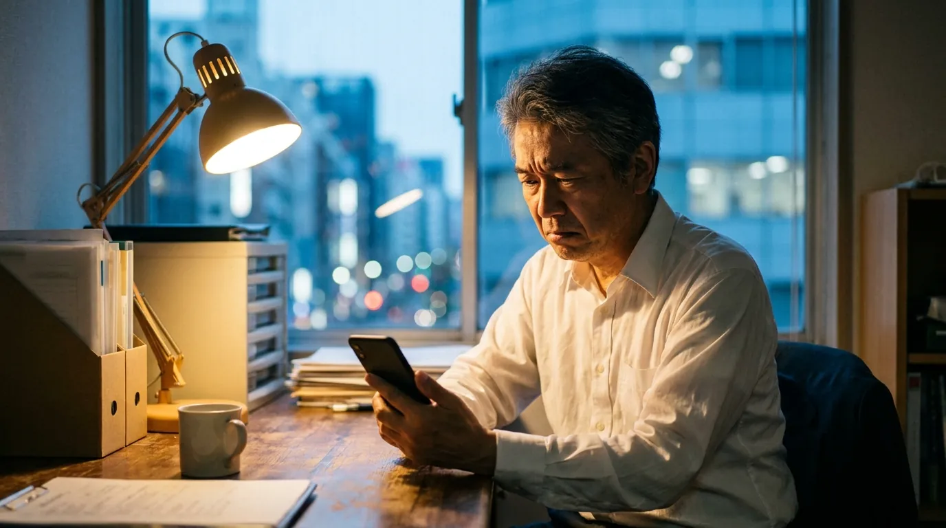 夜の事務所でスマホのニュースを見る経営者
