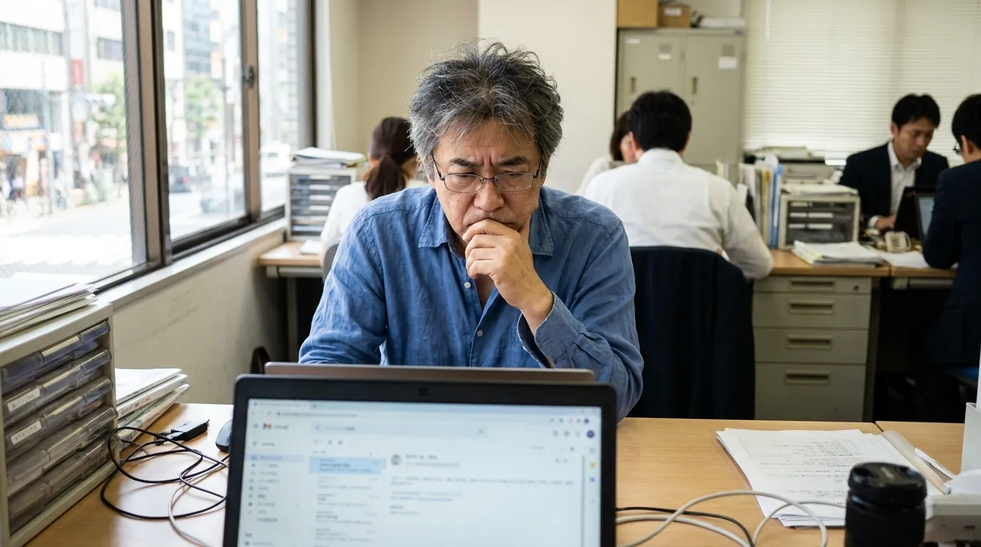 制作会社とのメールを読み返す経営者