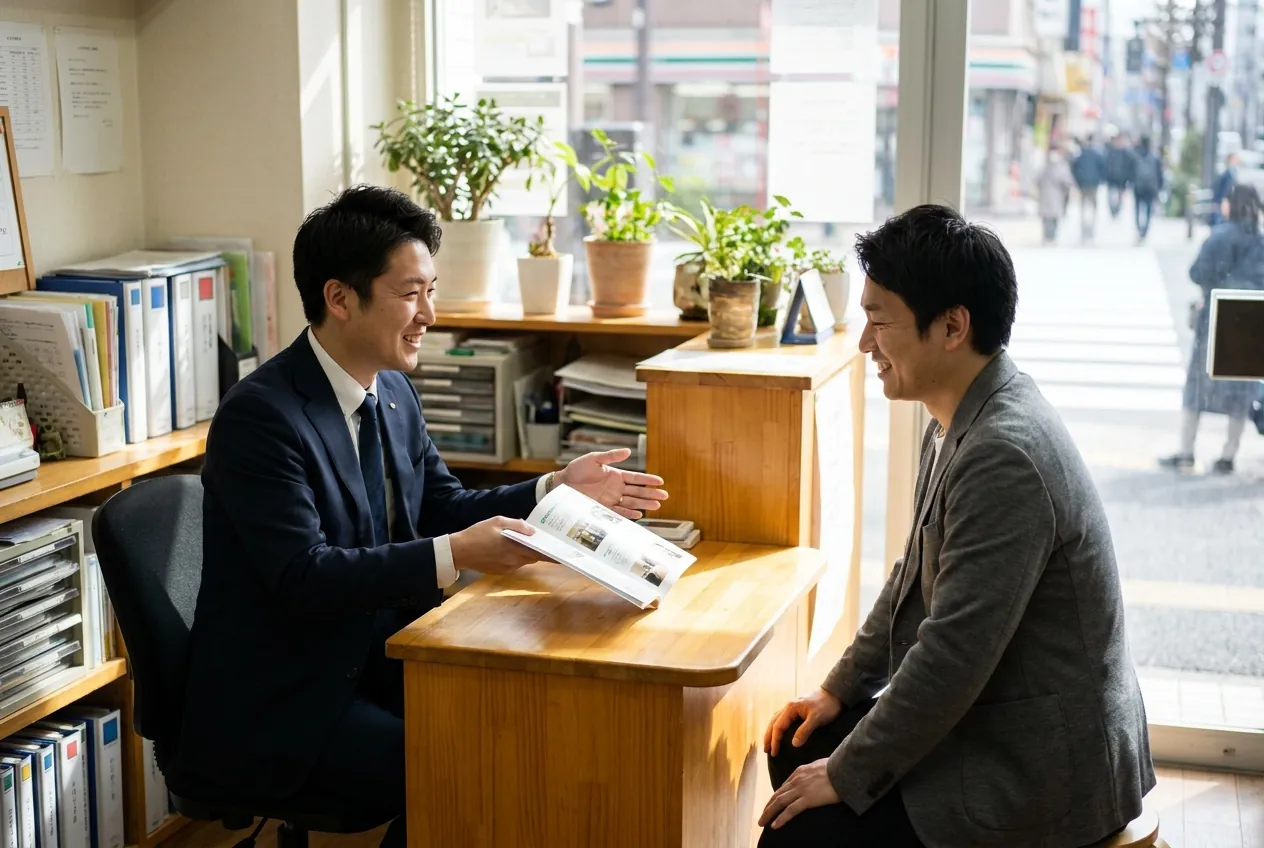 営業担当が経営者に資料を見せて説明している