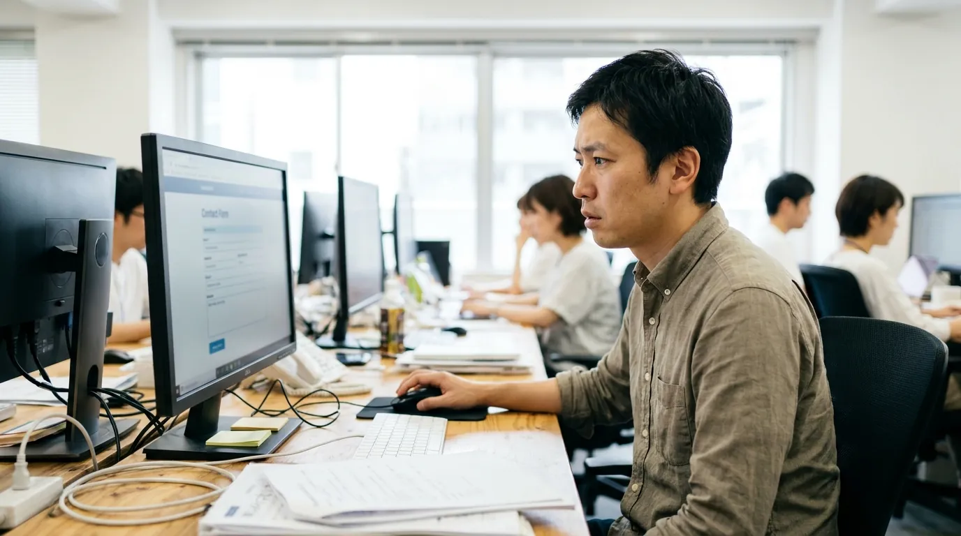 問い合わせフォームの画面を前に手を止めるIT担当