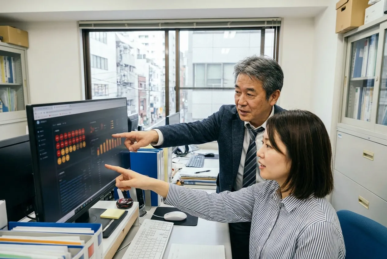 診断結果を指さしてふさぐ順番を話す経営者とIT担当