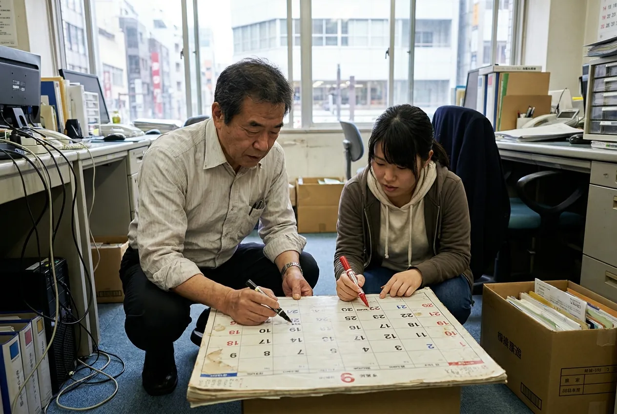 1年の予定を書き込む経営者とIT担当
