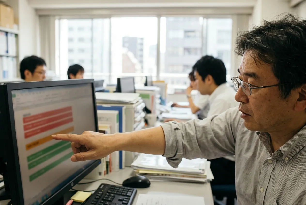 診断結果を指でなぞって確かめるIT担当